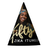 50歳の誕生日金ゴールド黒パーソナライズされた写真名 パーティーハット (正面)