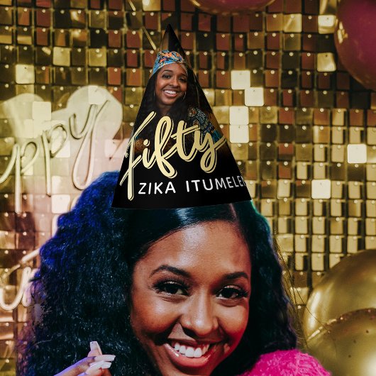 50歳の誕生日金ゴールド黒パーソナライズされた写真名 パーティーハット