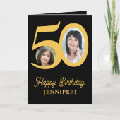 50歳の誕生日金ゴールド黒写真パーソナライズされた カード (正面)