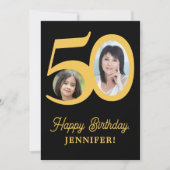 50歳の誕生日金ゴールド黒写真パーソナライズされた カード (正面)