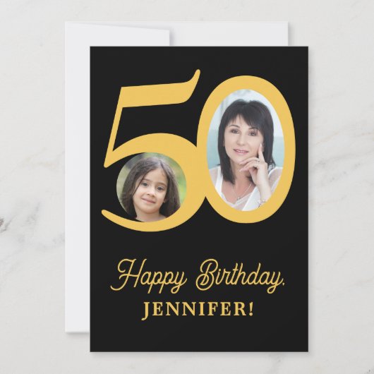 50歳の誕生日金ゴールド黒写真パーソナライズされた カード (正面)