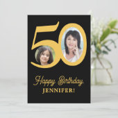 50歳の誕生日金ゴールド黒写真パーソナライズされた カード (スタンド正面)