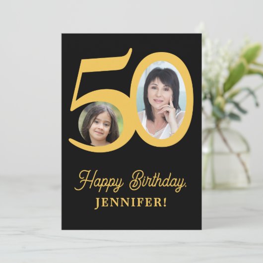 50歳の誕生日金ゴールド黒写真パーソナライズされた カード (スタンド正面)