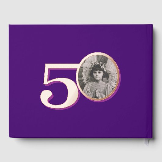 50歳の誕生日2枚の写真パープルバラ金ゴールド ゲストブック (裏面)