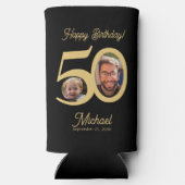 50歳の誕生日2枚の写真名金ゴールドブラック スリム缶クーラー (裏面)