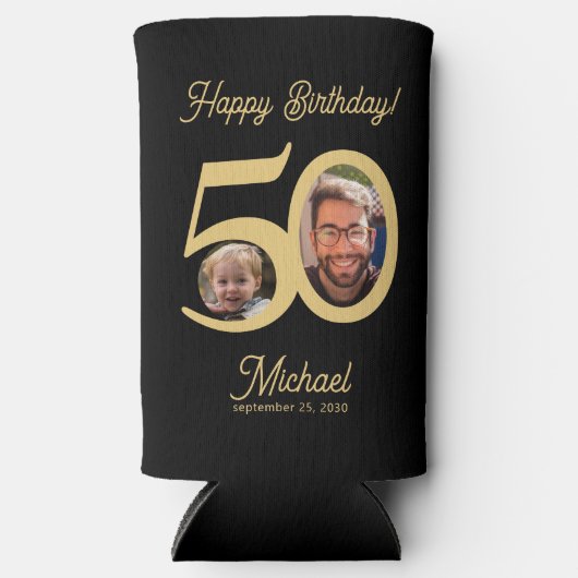 50歳の誕生日2枚の写真名金ゴールドブラック スリム缶クーラー (正面)