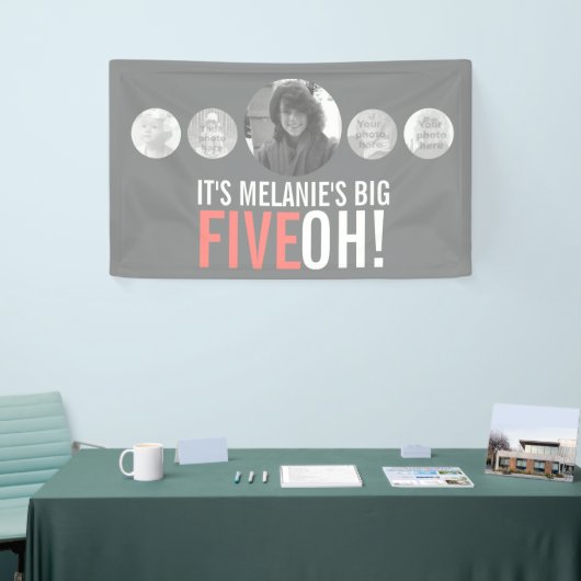 50歳の誕生日5カスタム枚の写真グレーの珊瑚の旗 横断幕 (トレードショー)