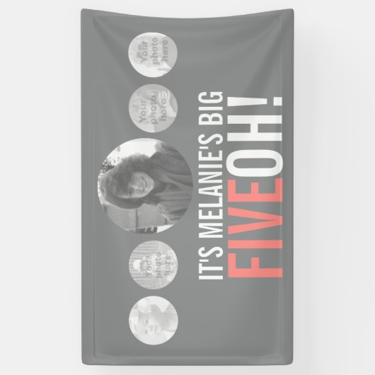 50歳の誕生日5カスタム枚の写真グレーの珊瑚の旗 横断幕 (縦)