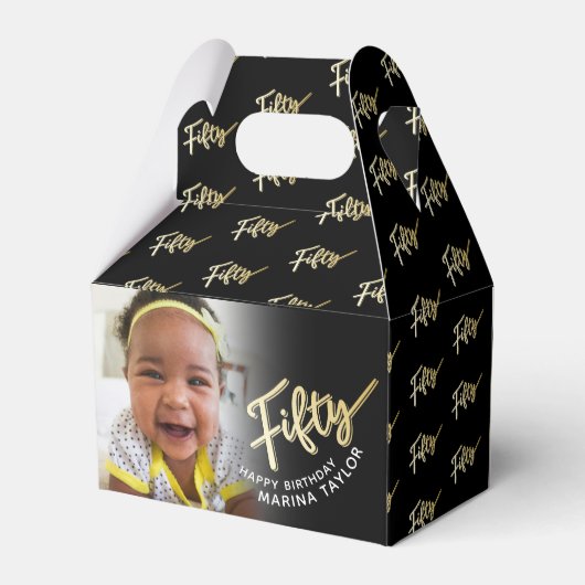 50歳の誕生日50のスクリプト金ゴールド黒写真 フェイバーボックス (裏面サイド)