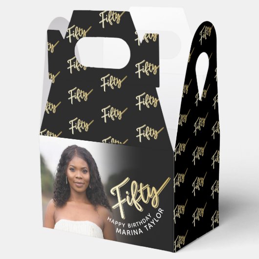 50歳の誕生日50のスクリプト金ゴールド黒写真 フェイバーボックス (オープン)