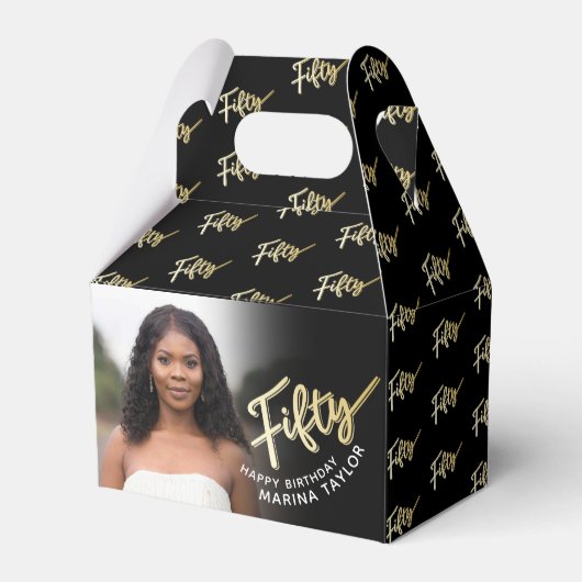 50歳の誕生日50のスクリプト金ゴールド黒写真 フェイバーボックス (正面サイド)