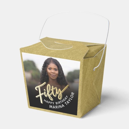 50歳の誕生日50のスクリプト金ゴールド黒写真 フェイバーボックス (正面サイド)