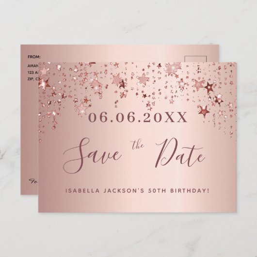 50歳の誕生日50バラ金ゴールドスター日付を保存 ポストカード (正面/裏面)