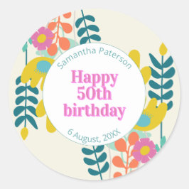 50歳の誕生日 おしゃれなカラフルな花柄 モダン ラウンドシール
