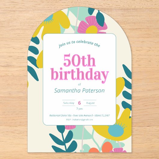 50歳の誕生日 おしゃれ カラフル フラワー モダン アクリル招待状 (正面)