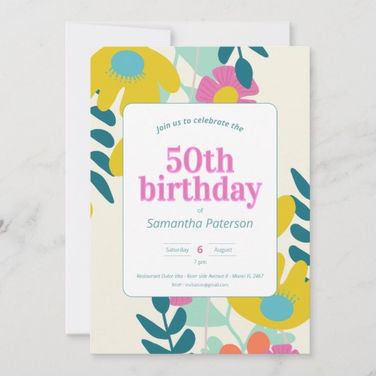 50歳の誕生日 おしゃれ カラフル フラワー モダン 招待状 (正面)