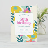50歳の誕生日 おしゃれ カラフル フラワー モダン 招待状 (スタンド正面)