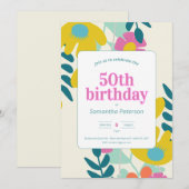 50歳の誕生日 おしゃれ カラフル フラワー モダン 招待状 (正面/裏面)