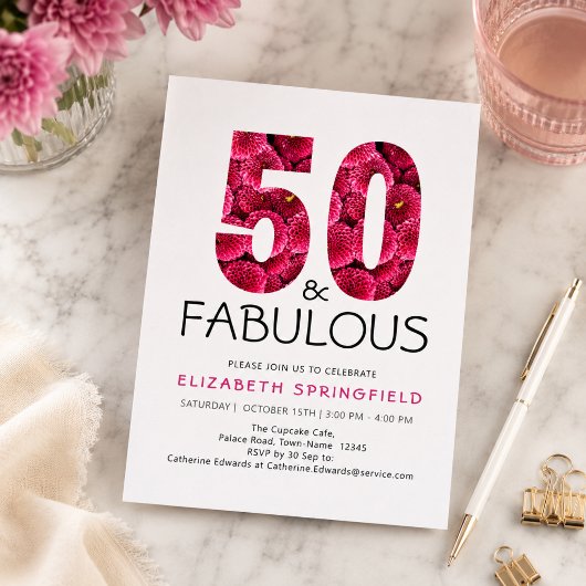 50歳の誕生日 おめでとう ピンクの花 招待状