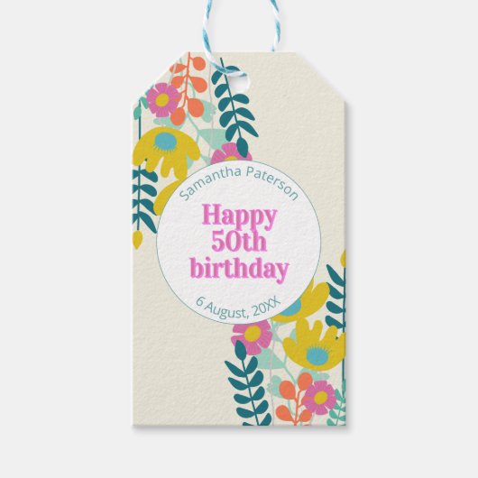 50歳の誕生日 お花 モダン カラフル ギフトタグ (正面)