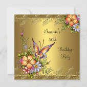 50歳の誕生日 エレガント ゴールド ピンク イエロー フラワー 招待状 (正面)