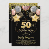 50歳の誕生日 ゴールドグリッターコンフェッティ風船 黒 招待状 (正面/裏面)