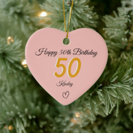 50歳の誕生日 ゴールドシャドーモノグラム ハート セラミックオーナメント