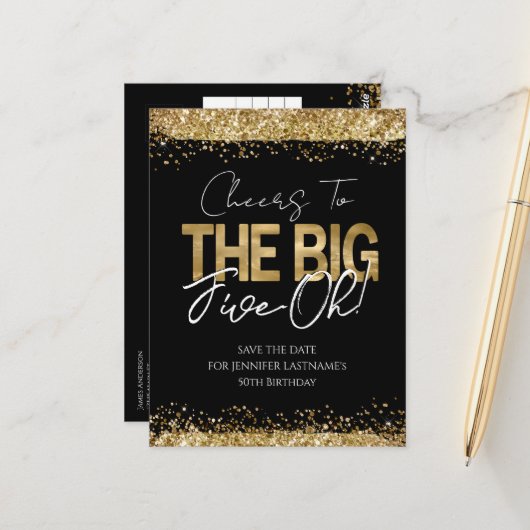 50歳の誕生日 ゴールド ブラック Save the Date ポストカード (正面/裏面インサイチュ)