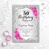 50歳の誕生日 - シルバーのストライプとピンクのバラ 招待状