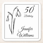 50歳の誕生日 スノードロップの花 ブラック＆ホワイト スクエアペーパーコースター (正面)