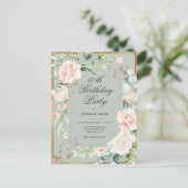 50歳の誕生日 セージグリーン ゴールド 水彩 フラワーパターン I ポストカード (スタンド正面)