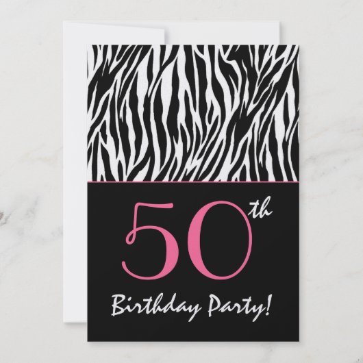 50歳の誕生日 ゼブラストライプ 黒と白とピンクで 招待状 (正面)