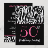 50歳の誕生日 ゼブラストライプ 黒と白とピンクで 招待状 (正面/裏面)