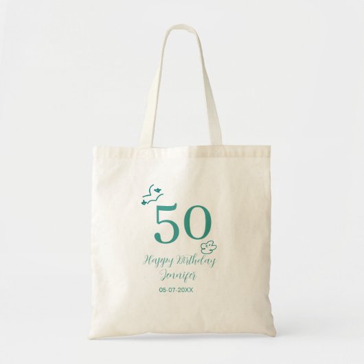 50歳の誕生日 ターコイズ 名前 雲 手描き トートバッグ (正面)