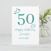 50歳の誕生日 ターコイズ 名前 雲 手描き 招待状 (スタンド正面)