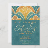 50歳の誕生日 ティールとゴールドのアートデコ招待状 招待状 (裏面)