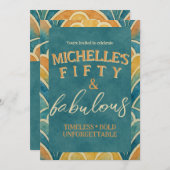 50歳の誕生日 ティールとゴールドのアートデコ招待状 招待状 (正面/裏面)