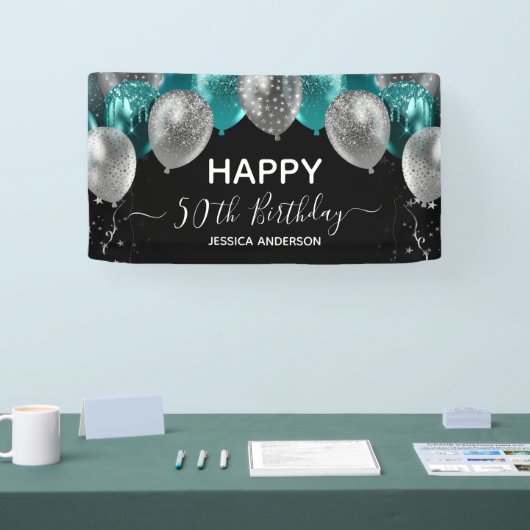50歳の誕生日 ティールシルバーバルーン バナー 横断幕 (トレードショー)