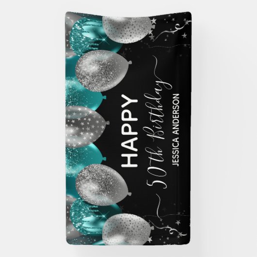 50歳の誕生日 ティールシルバーバルーン バナー 横断幕 (縦)