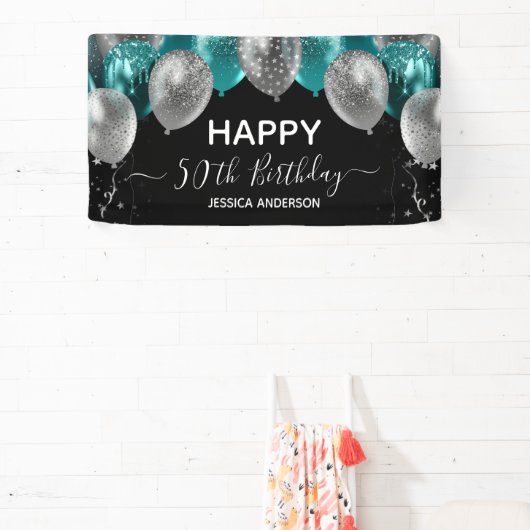 50歳の誕生日 ティールシルバーバルーン バナー 横断幕 (インサイチュ)
