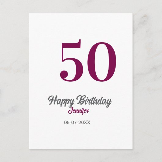 50歳の誕生日 テンプレート 紫 登録名 日付 年 ポストカード (正面)