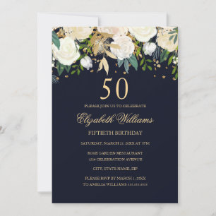 50歳の誕生日 ネイビーゴールドの花の招待状 招待状