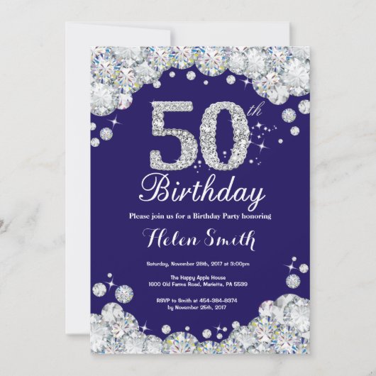 50歳の誕生日 ネイビーブルーとシルバーのダイヤモンド 招待状 (正面)