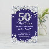 50歳の誕生日 ネイビーブルーとシルバーのダイヤモンド 招待状 (スタンド正面)