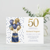 50歳の誕生日 ネイビーブルーのバルーンケーキ 招待状 (スタンド正面)