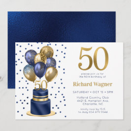 50歳の誕生日 ネイビーブルーのバルーンケーキ 招待状