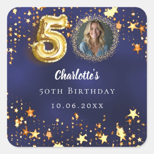 50歳の誕生日 ネイビーブルー ゴールドの星の写真 スクエアシール (正面)