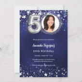 50歳の誕生日 ネイビーブルー シルバーの星の写真 招待状 (正面)