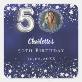 50歳の誕生日 ネイビーブルー 銀の星 写真 スクエアシール (正面)