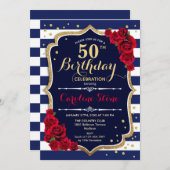 50歳の誕生日 - ネイビー 白のストライプと赤いバラ 招待状 (正面/裏面)
